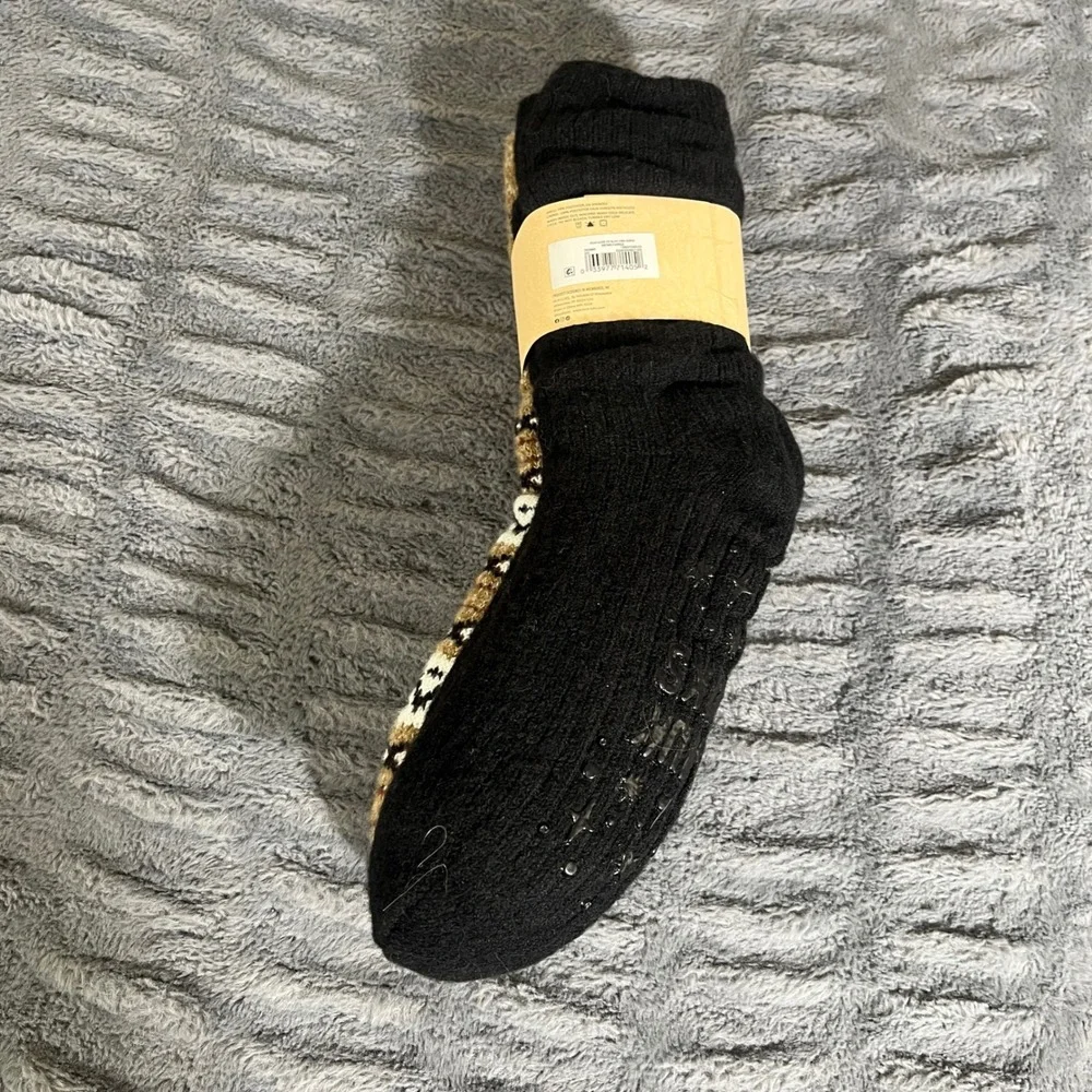 Muk Luks 2 Pack Slouch Cabin Socks Brown Fairisle Black Faux Fur Lined OS 6-10‎